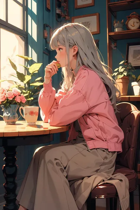 (masterpiece:1.2),best quality,PIXIV,flot,1girl,solo,sitting,long hair,flower,chair,food,pink flower,cup,holding,long sleeves,pink skirt,rose,skirt,jacket,grey hair,table,pink rose,indoors,blush,bangs,plant,holding cup,yellow jacket,profile,coat,long skirt,vase,<lora:flot_20230812195155:0.8>,