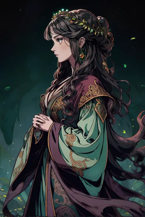 <lora:flatpaintstyle:0.8>, flat, woman wearing Mystic druid-inspired robes with nature-inspired motifs, (phantom, garnet, spring green palette), masterpiece, 8k, high resolution, shallow depth of field, sharp focus