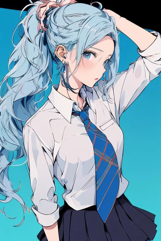 (masterpiece:1.2), best quality,PIXIV,flot,
1girl, solo, skirt, necktie, black hair, long hair, shirt, simple background, blue background, multicolored hair, pleated skirt, jewelry, school uniform, white shirt, blue hair, black skirt, earrings, looking at viewer, collared shirt, from side, breasts, long sleeves, ear piercing, piercing, ponytail, wavy hair, blue eyes
<lora:flot_20230812195155:1>