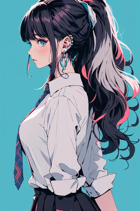 (masterpiece:1.2), best quality,PIXIV,flot,
1girl, solo, skirt, necktie, black hair, long hair, shirt, simple background, blue background, multicolored hair, pleated skirt, jewelry, school uniform, white shirt, blue hair, black skirt, earrings, looking at viewer, collared shirt, from side, , long sleeves, ear piercing, piercing, ponytail, wavy hair, blue eyes
 <lora:flot_20230812195155:1>