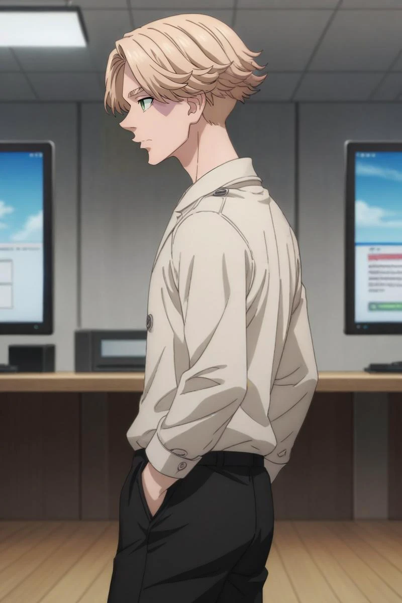 score_9, score_8_up, score_7_up, source_anime, rating_safe, , anime screencap, anime coloring, official style, , depth of field, 1boy, solo, male focus, <lora:seishuu_inui_pony:0.98>, seishuu_inui, blonde hair, green eyes, short hair, bangs, profile, office, computers, day, clouds, kneeling, wavy mouth, closed mouth, suit shorts,, <lora:sdxl_lightning_8step_lora:1>