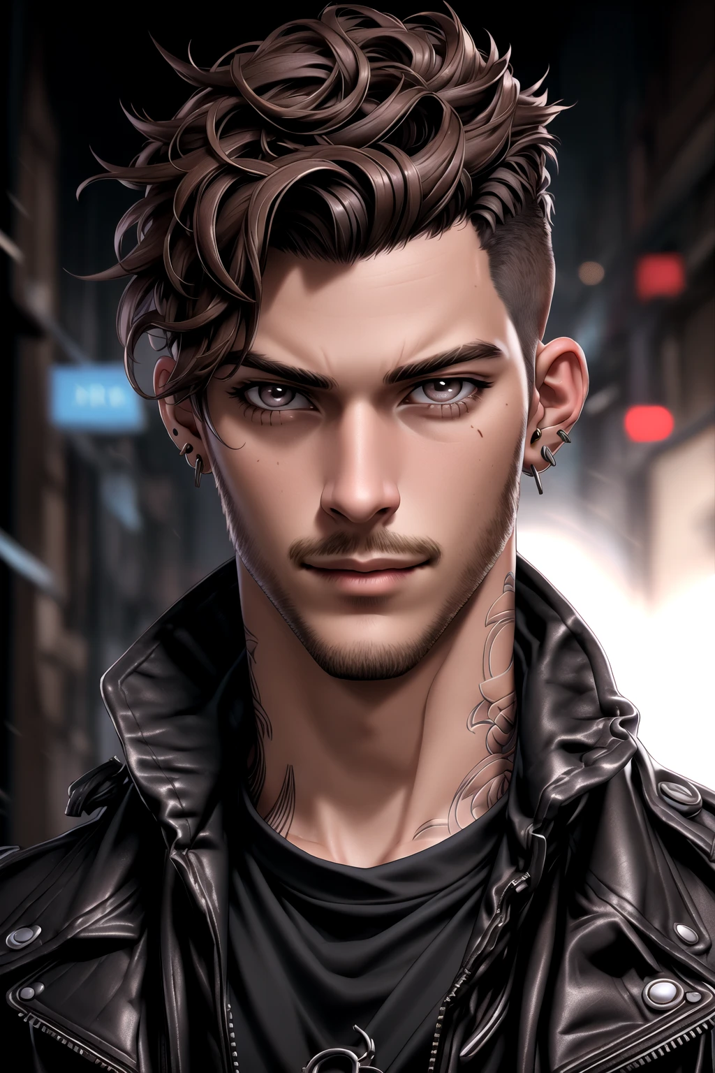 Andrew Ennis-Bryant, 1boy, solo, male focus, short hair, undercut, brown hair, black jacket, black shirt, earrings, facial hair, jacket, jewelry, depth of field, closed mouth, leather jacket, looking at viewer, portrait, tattoo, ProfessionalDetail, <lora:AndyEnnis:1>