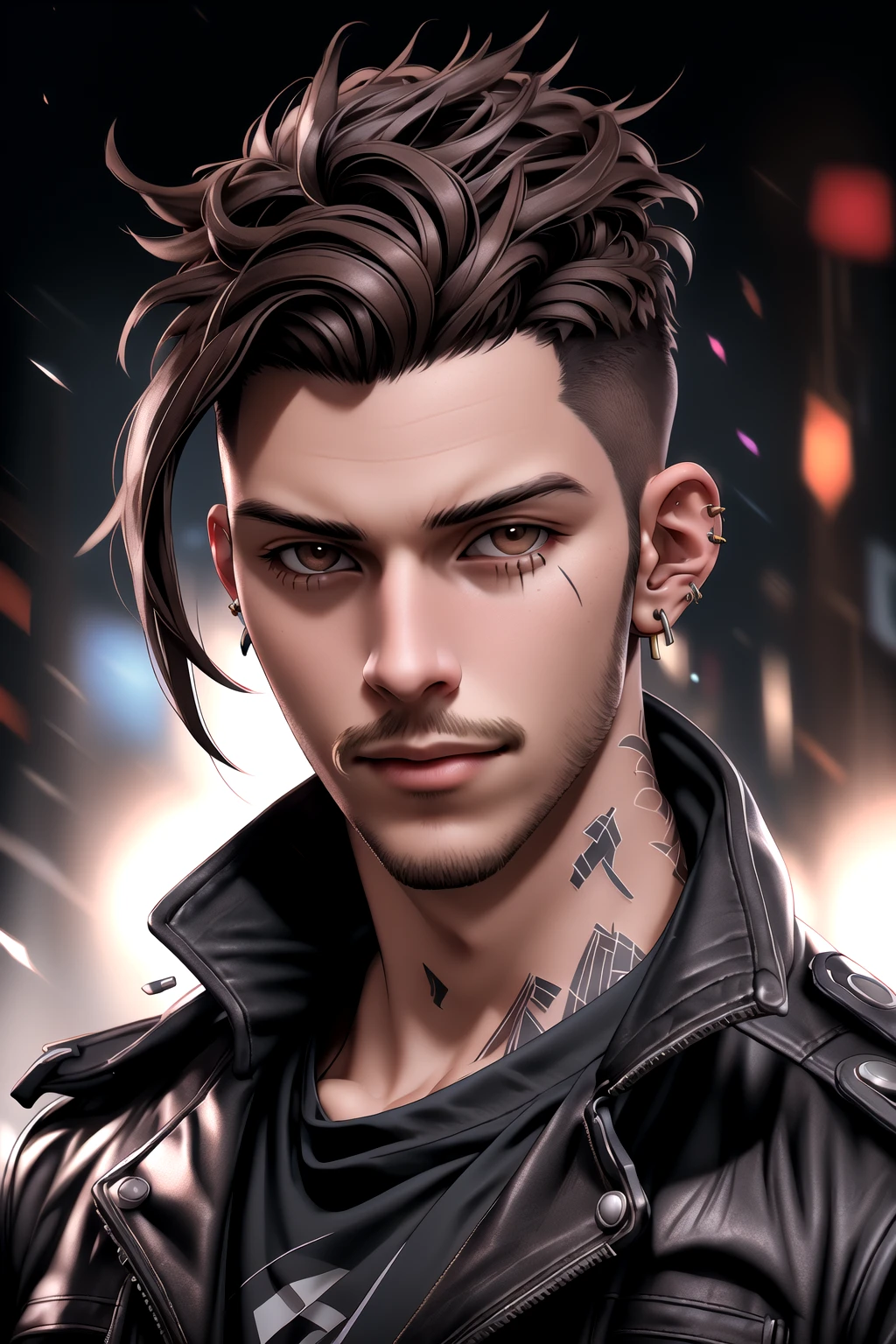Andrew Ennis-Bryant, 1boy, solo, male focus, black jacket, black shirt, depth of field, brown hair, closed mouth, earrings, facial hair, jacket, jewelry, leather jacket, looking at viewer, neck tattoo, piercing, portrait, short hair, tattoo, undercut, <lora:AndyEnnis:1> LimitBreakStyler