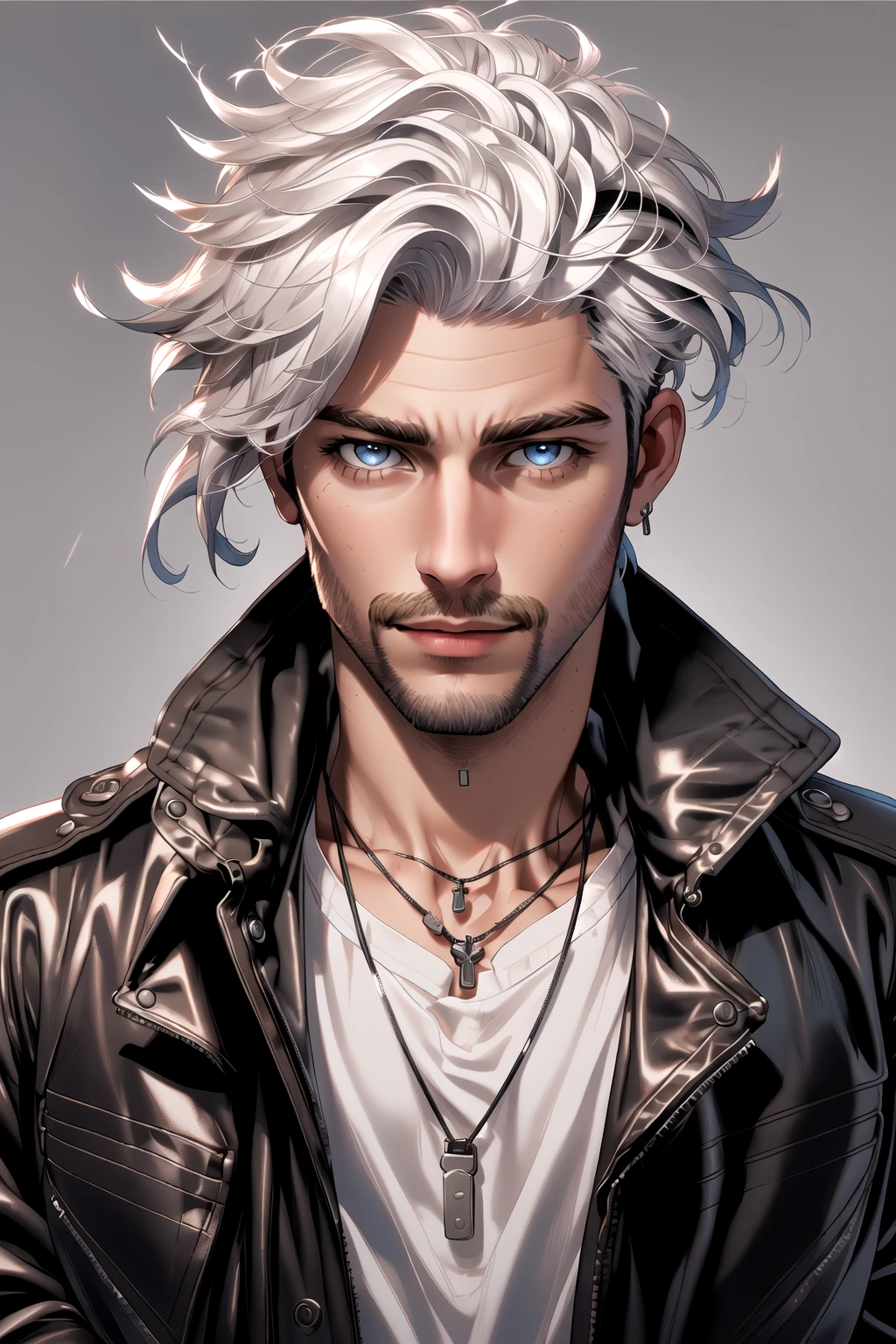 Andrew Ennis-Bryant, Andrew Ennis-Bryant, 1boy, beard, black jacket, blue eyes, closed mouth, dog tags, facial hair, grey background, jacket, jewelry, leather, leather jacket, looking at viewer, male focus, necklace, open clothes, open jacket, realistic, shirt, simple background, solo, stubble, upper body, white hair, white shirt <lora:AndyEnnis:1>