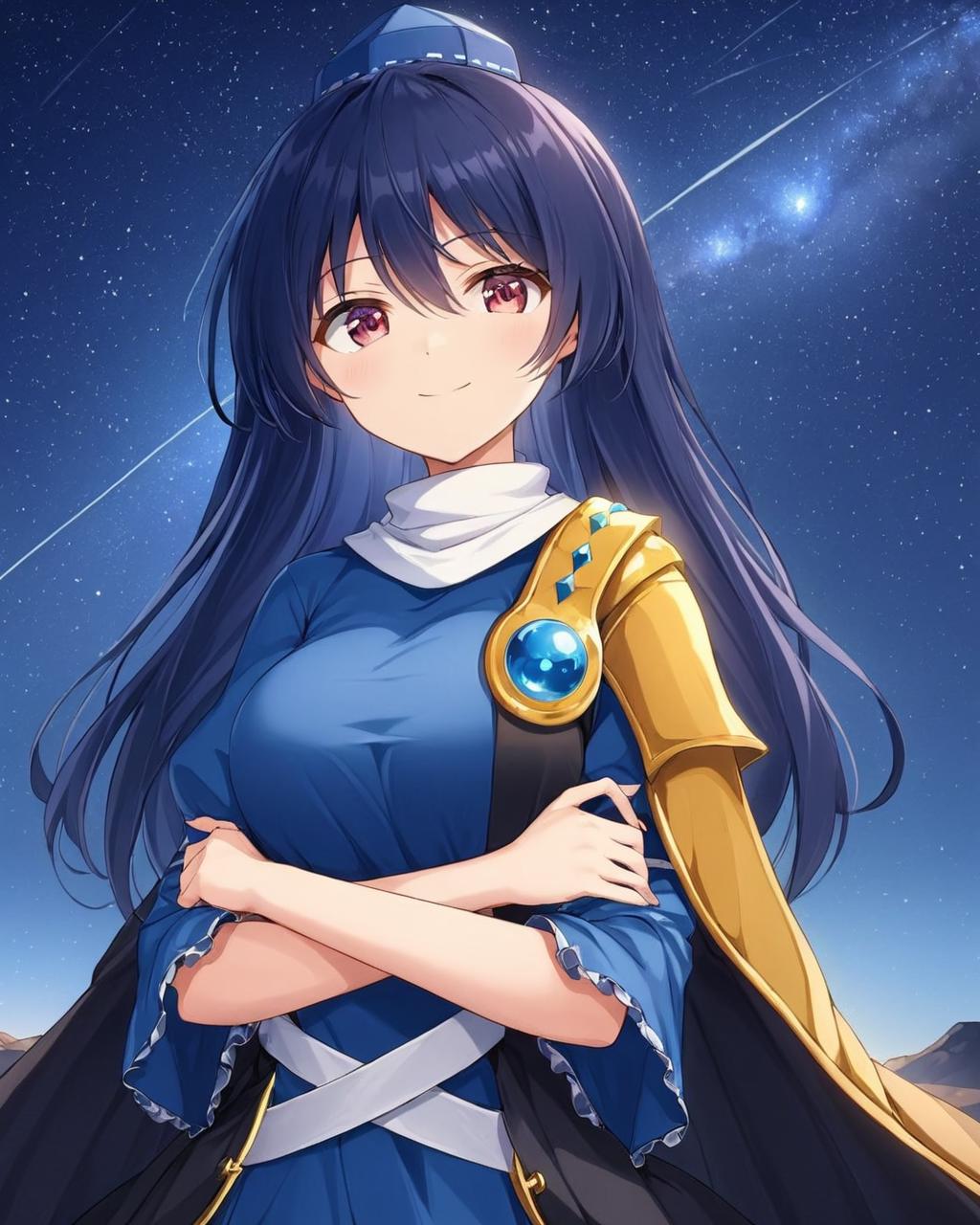 A woman in a blue dress with long hair and a cape - SeaArt AI