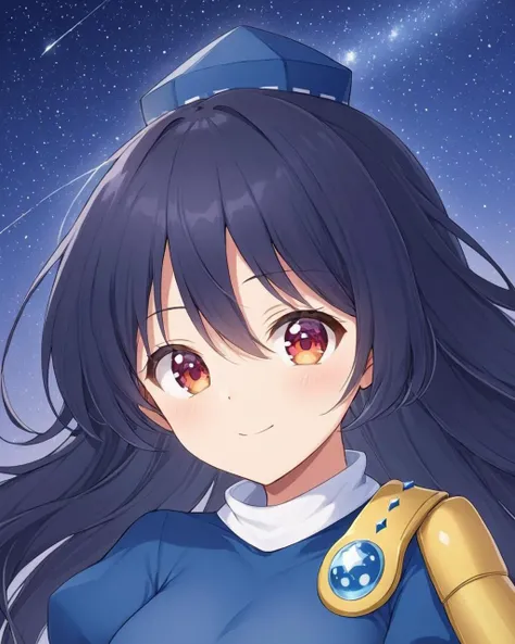 iizunamaru megumu,1girl, solo, tokin_hat, smile, star_\(symbol\), looking_at_viewer, upper_body, blue_dress, closed_mouth, puffy_sleeves, star_\(sky\), gem, medium_breasts, blue_headwear, starry_sky, white_border, starry_background
<lora:iizunamaru_megumu_image856_2023-12-20-000015:1>,star-shaped_pupils,symbol-shaped_pupils,. gorgeous,key visual, vibrant, studio anime,award-winning, professional, highly detailed,high budget, cinemascope