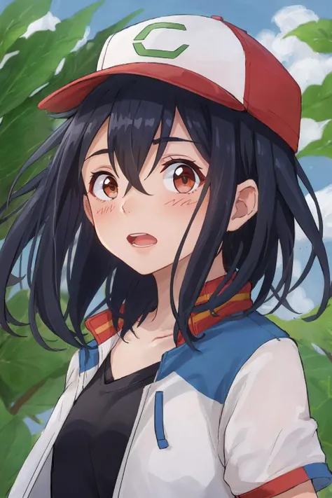 CuteAsh, solo, looking at viewer, blush, short hair, open mouth, shirt, 1giel, hair between eyes, collarbone, jacket, upper body, short sleeves, open clothes, open jacket, black shirt, , spiked hair, blue jacket, t-shirt, baseball cap, white and red headwear, city ruin,
<lora:CuteAsh:0.7> <lora:add_detail:0.5>