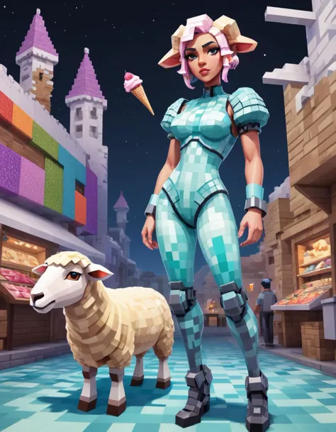 Minecraft style woman with pixelated latex bodysuit Minecraft armor and a sheep, Fabric art style of a Sprawling Abhorrent Sudanese (ice cream stand:1.1) , anthropomorphic, highly detailed, at Nighttime, FOV 90 degrees, Tranquil, Rule of Thirds, Medieval art, Muted Colors, art by Tristan Eaton, <lora:MinecraFFt-XL-TX-FA-32LOKONv0471:1> . Blocky, pixelated, vibrant colors, recognizable characters and objects, game assets