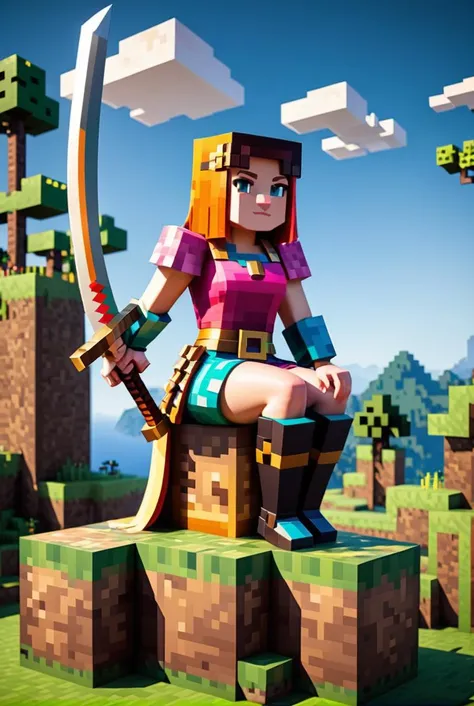 Minecraft style <lora:MinecraFFt-XL-TX-FA-32LOKONv0471:1> <lora:FF.74.copaxTimelessxlSDXL1_v5.lora:0.69> woman with a wooden sword pixelated minecraft style, sitting on a block <lora:MinecraFFt-XL-TX-FA-32NORMALRv0471:0.21> . Blocky, pixelated, vibrant colors, recognizable characters and objects, game assets