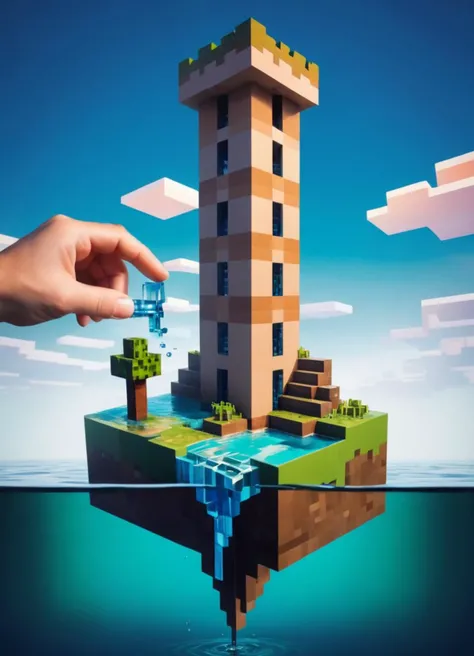 Minecraft style (Ultrarealistic:1.3) a hand is holding a piece of plastic in the shape of a tower, water art manipulation, water manipulation photoshop, water art photoshop, creative photo manipulation, surreal water art, photoshop water art, photo manipulation, flooded tower, 3 d epic illustrations, amazing water art, surrealistic digital artwork, photo - manipulation, mind-bending digital art, colossal tower <lora:Minecraft FF LoCON 02:1>,(Pastel Colors:1.3),(close portrait:1.3),(Feminine:1.4),(beautiful:1.4),(attractive:1.3),handsome,calendar pose,perfectly detailed eyes,studio lighting,thematic background . Blocky, pixelated, vibrant colors, recognizable characters and objects, game assets