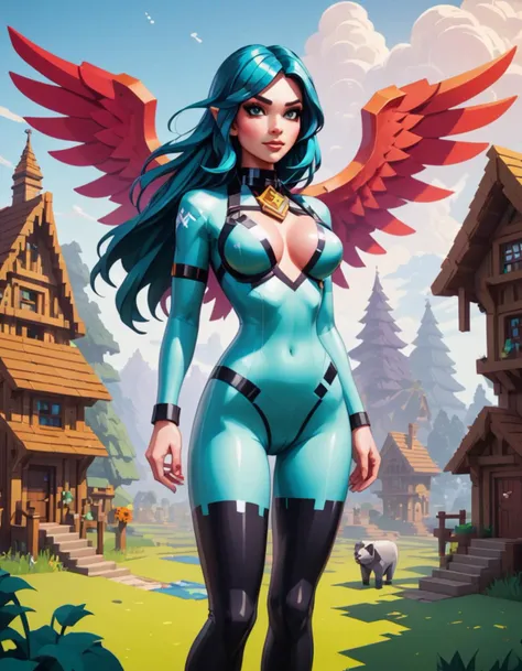 Minecraft style woman with pixelated latex bodysuit Minecraft style village, (art by Tristan Eaton:0.7) ,art by Peter Mohrbacher,art by Artgerm, carving technique of a Resourceful [1950S Suburbia|Frosted] (Banshee:1.3) , Farmer, Hands in Pockets, Disruptive Wings, Abhorrent Fur Scarf, inside a Kindhearted Manor, at Dawn, Dada Art, F/2.8, three colors,  <lora:MinecraFFt-XL-TX-FA-32LOKONv0471:1> <lora:FF.72.endjourneyXL_v11.lora:0.69> <lora:FF.78.xlYamersCartoonArcadia_v1.lora:0.41> . Blocky, pixelated, vibrant colors, recognizable characters and objects, game assets