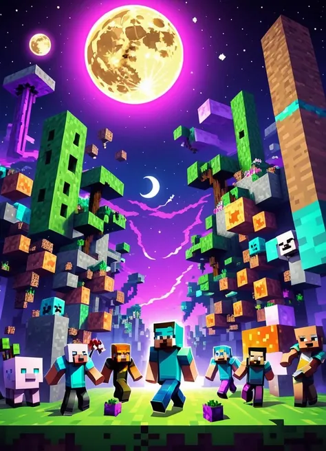 Minecraft style Elegant, Hyperpunk, wallpaper, Invigorating Neat Hip-Hop Moon, Complex background, <lora:MinecraFFt-XL-TX-FA-32LOKONv0471:1> . Blocky, pixelated, vibrant colors, recognizable characters and objects, game assets