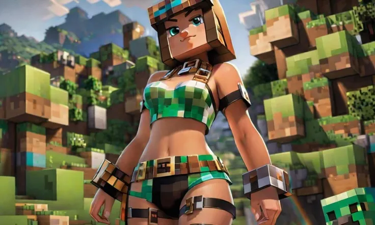woman in minecraft posing for a picture in a maid outfit with gigantic breasts and metal choker minecraft render with a pixaleted render, big breasts , huge big breasts, , minecraft world style, huge big breasts , rendered mineraft in the background