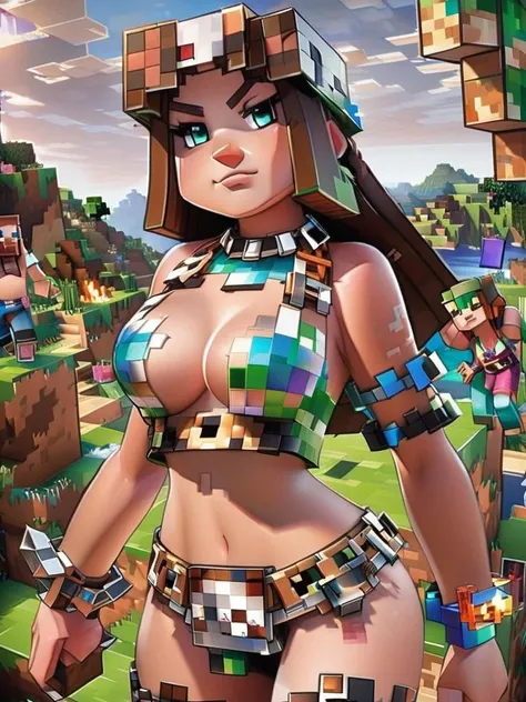 Minecraft style <lora:FF-minectaft-XL-Fa1-v0183:1> <lora:FF-minectaft-XL-Fa1-v0183:1> a woman in minecraft posing for a picture in latex bikini with a pixalated blue harness and metal choker minecraft render with a potion, big breasts , huge big breasts, corset latex, minecraft world style . Blocky, pixelated, vibrant colors, recognizable characters and objects, game assets