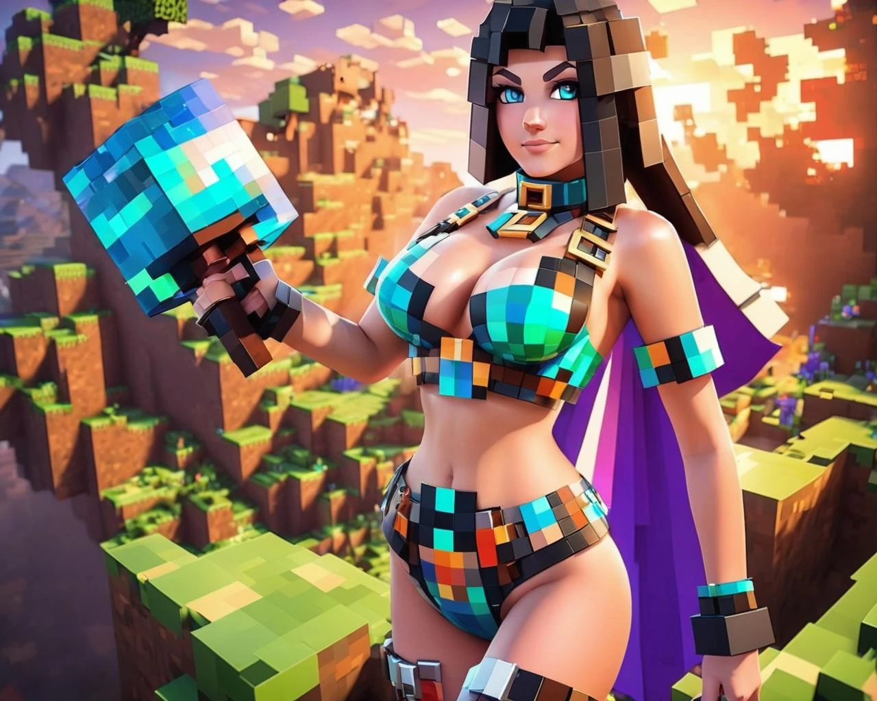 Minecraft style <lora:FF-minectaft-XL-Fa1-v0183:1> a woman in minecraft posing for a picture in latex bikini with a pixalated blue harness and metal choker minecraft render with a potion, big breasts , huge big breasts, corset latex, minecraft world style . Blocky, pixelated, vibrant colors, recognizable characters and objects, game assets