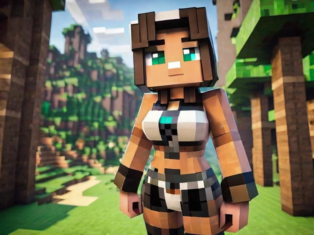 woman in minecraft posing for a picture in latex bikini no top nipples with small breasts with a pixalated sexy fetish harness and metal choker minecraft render with a pixaleted render, big breasts , huge big breasts, corset latex, minecraft world style, huge big breasts naked on the ground big round butt, rendered mineraft in the background <lora:FF-minectaft-XL-Ly1-v0183:1>