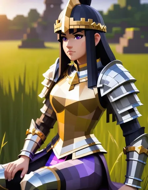 Minecraft style (Ultrarealistic:1.3) a woman in armor sitting in a field, wearing golden armor, wearing gold armor, girl in knight armor, of a beautiful female knight, beautiful female knight, fully clothed in armor, clothed in ancient battle armor, intricate golden armor, clothed in armor, golden armor wearing, light coming off of the armor, clothed in ethereal armor, armor, solo, gauntlets, weapon, black hair, 1girl, realistic, outdoors, chainmail, long hair, plate armor, breastplate, shoulder armor, sitting, helmet removed, pauldrons, grass, full armor, sword, holding, profile, blurry, headwear removed <lora:Minecraft FF LoCON 02:1>,(Purple hue:1.3),(close portrait:1.3),(Feminine:1.4),(beautiful:1.4),(attractive:1.3),handsome,calendar pose,perfectly detailed eyes,studio lighting,thematic background . Blocky, pixelated, vibrant colors, recognizable characters and objects, game assets