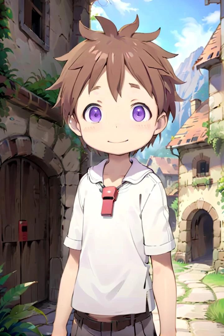 <lora:nat-000025:0.7>
boy named mia_nat standing in a beautiful village,
he is wearing a red whistle around his neck,
he has brown hair blue purple eyes and is smiling,
draw it in the style of Made in Abyss
The soft lighting and detailed surroundings create an immersive environment where imagination runs wild
hyper-detailed,hyper-detailed face, high quality visuals, dim Lighting, sharply focused, octane render, 8k UHD