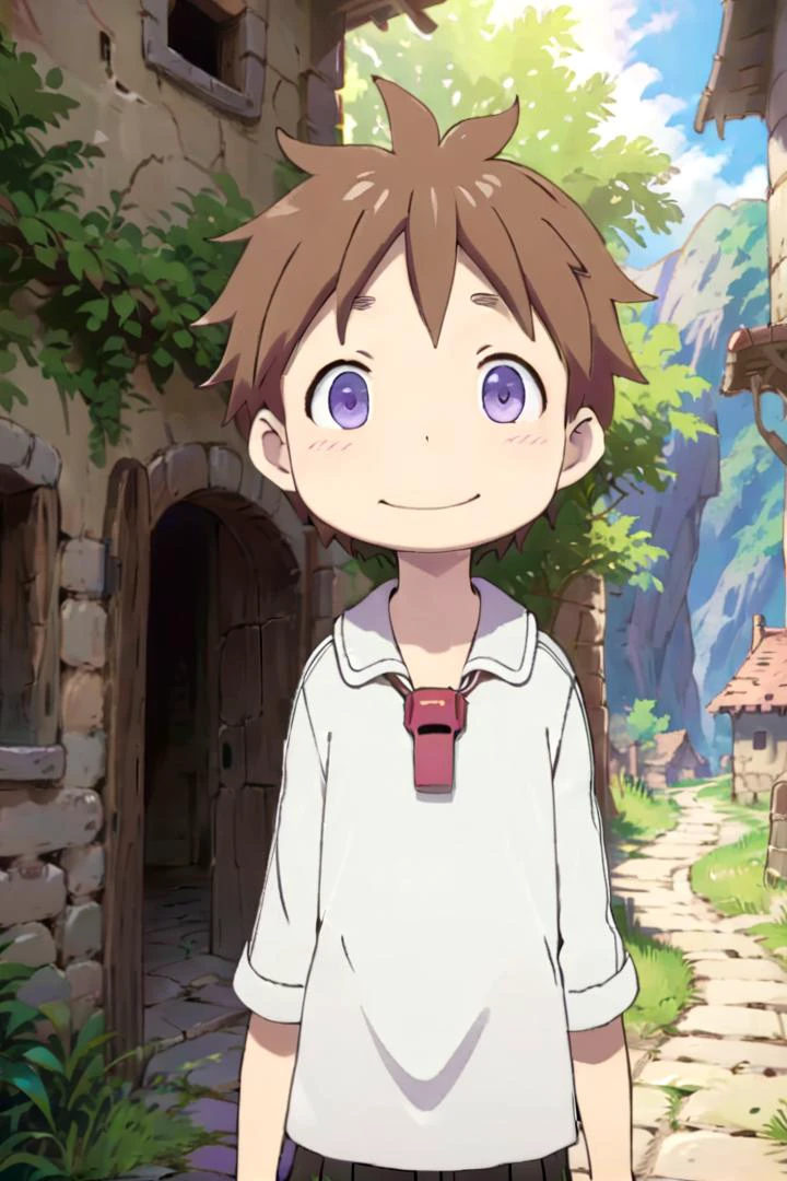 <lora:nat-000025:0.7>
boy named mia_nat standing in a beautiful village,
he is wearing a red whistle around his neck,
he has brown hair blue purple eyes and is smiling, his mouth is closed,
draw it in the style of Made in Abyss
The soft lighting and detailed surroundings create an immersive environment where imagination runs wild
hyper-detailed,hyper-detailed face, high quality visuals, dim Lighting, sharply focused, octane render, 8k UHD