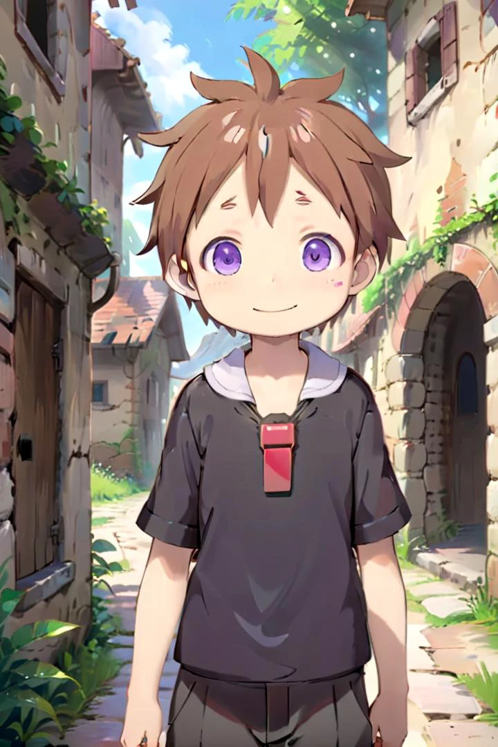 <lora:nat-000025:0.7>
boy named mia_nat standing in a beautiful village,
he is wearing a red whistle around his neck,
he has brown hair blue purple eyes and is smiling,
draw it in the style of Made in Abyss
The soft lighting and detailed surroundings create an immersive environment where imagination runs wild
hyper-detailed,hyper-detailed face, high quality visuals, dim Lighting, sharply focused, octane render, 8k UHD
