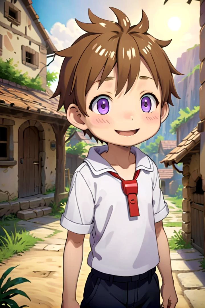 <lora:nat-000025:0.7>
boy named mia_nat standing in a beautiful village,
he is wearing a red whistle around his neck,
he has brown hair blue purple eyes and is smiling,
draw it in the style of Made in Abyss
The soft lighting and detailed surroundings create an immersive environment where imagination runs wild
hyper-detailed,hyper-detailed face, high quality visuals, dim Lighting, sharply focused, octane render, 8k UHD