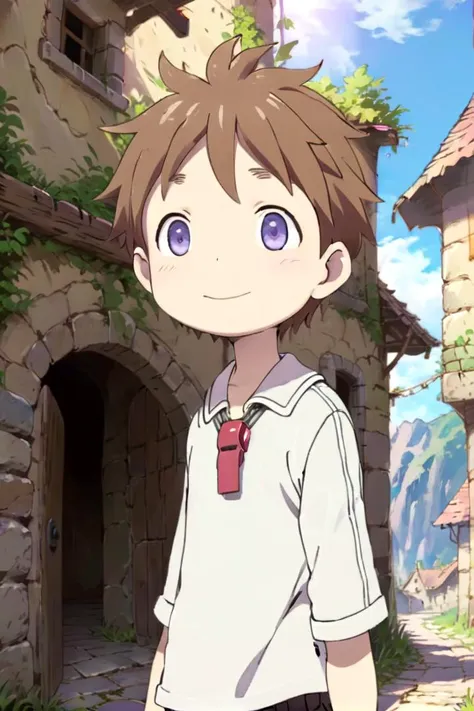 <lora:nat-000025:0.7>
 boy named mia_nat standing in a beautiful village,
he is wearing a red whistle around his neck,
he has brown hair blue purple eyes and is smiling, his mouth is closed,
draw it in the style of Made in Abyss
The soft lighting and detailed surroundings create an immersive environment where imagination runs wild
hyper-detailed,hyper-detailed face, high quality visuals, dim Lighting, sharply focused, octane render, 8k UHD