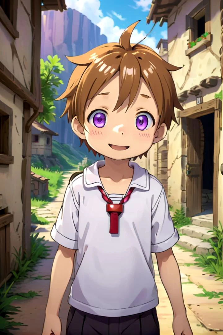 <lora:nat-000025:0.7>
 boy named mia_nat standing in a beautiful village,
he is wearing a red whistle around his neck,
he has brown hair blue purple eyes and is smiling,
draw it in the style of Made in Abyss
The soft lighting and detailed surroundings create an immersive environment where imagination runs wild
hyper-detailed,hyper-detailed face, high quality visuals, dim Lighting, sharply focused, octane render, 8k UHD