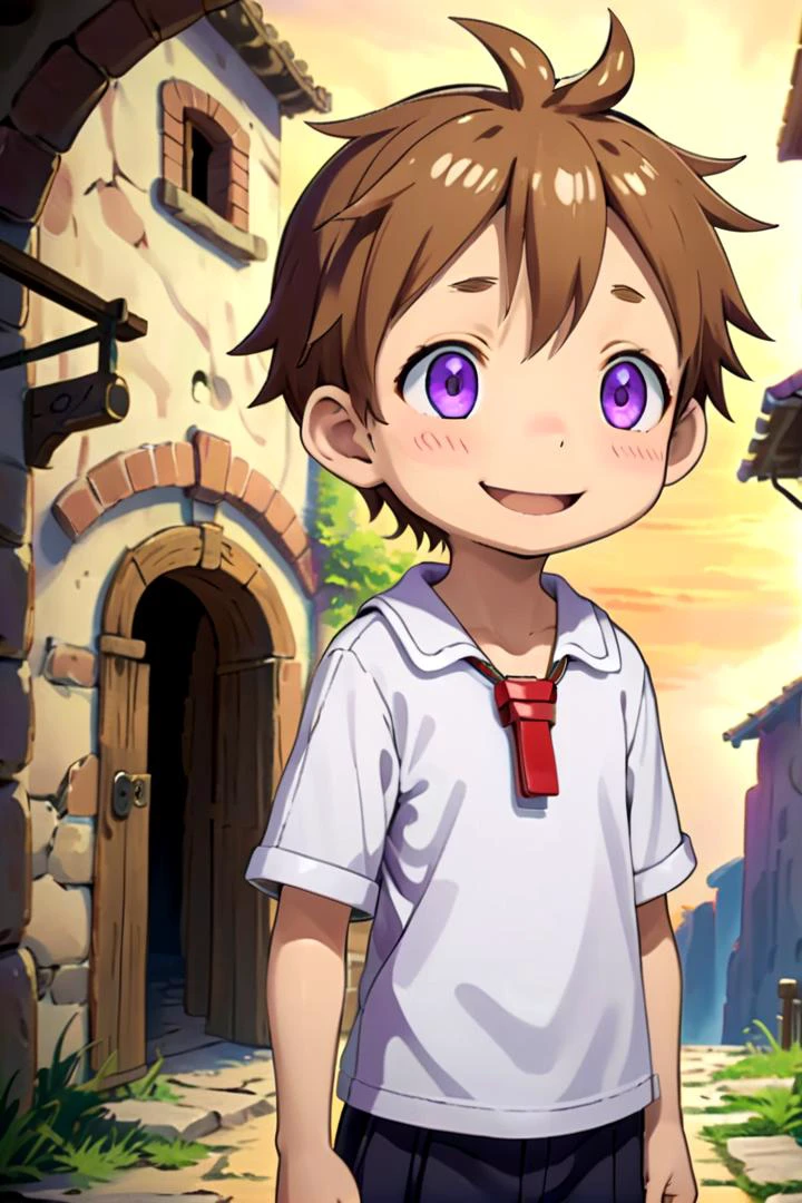 <lora:nat-000025:0.7>
boy named mia_nat standing in a beautiful village,
he is wearing a red whistle around his neck,
he has brown hair blue purple eyes and is smiling,
draw it in the style of Made in Abyss
The soft lighting and detailed surroundings create an immersive environment where imagination runs wild
hyper-detailed,hyper-detailed face, high quality visuals, dim Lighting, sharply focused, octane render, 8k UHD