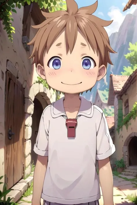 <lora:nat-000025:0.7>
10 year boy named mia_nat standing in a beautiful village,
he is wearing a red whistle around his neck,
he has brown hair blue purple eyes and is smiling,
draw it in the style of Made in Abyss
The soft lighting and detailed surroundings create an immersive environment where imagination runs wild
hyper-detailed,hyper-detailed face, high quality visuals, dim Lighting, sharply focused, octane render, 8k UHD