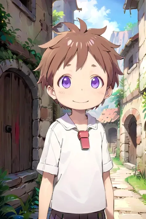 <lora:nat-000025:0.7>
10 year boy named mia_nat standing in a beautiful village,
he is wearing a red whistle around his neck,
he has brown hair blue purple eyes and is smiling,
draw it in the style of Made in Abyss
The soft lighting and detailed surroundings create an immersive environment where imagination runs wild
hyper-detailed,hyper-detailed face, high quality visuals, dim Lighting, sharply focused, octane render, 8k UHD