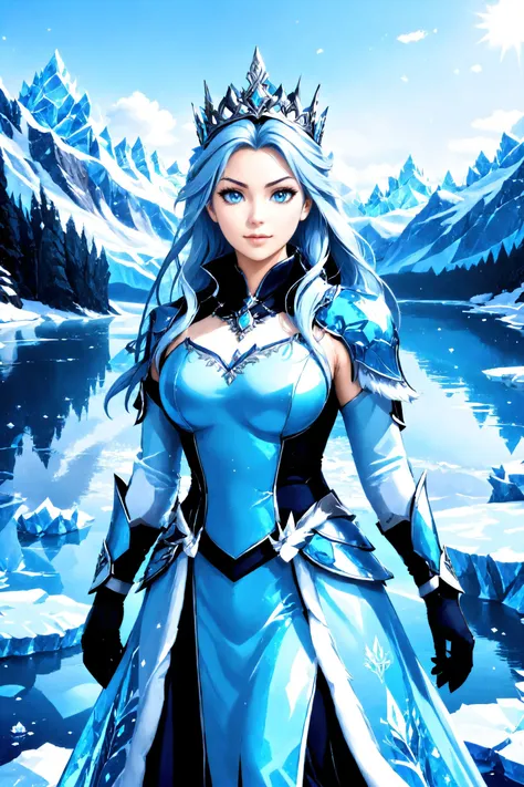 edgShiva, crown of ice, dress, armor blue eyes, gloves, 
masterpiece, best quality, highres,
Serene fishing lake and early morning
<lora:edgShivaPony:0.7>