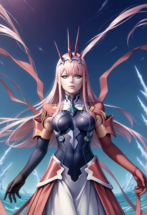 Masterpiece, top quality, best quality, official art, beautiful and aesthetic, anime, 1girl, Zero Two, extremely detailed, colorful, more detailed ((ultra-detailed)), (highly detailed CG illustration), solo, pink hair, pair of horns, verd s eyes, long hair, (focus on character), pilot outfit, red bodysuit with white details, science fiction, blood