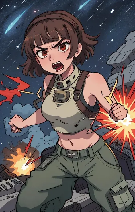 <lora:MakotoNiijimaPersona4:1> outer space, starry sky, military, headband, gritty film grain, panoramic view, wide stance, holding large machine gun, fighting aliens, large scary aliens, makoto niijima [persona], baggy pants, crop top, ammo bandolier, brown hair, red eyes, yelling angry expression, explosions