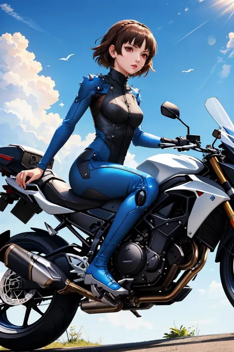 <lora:MakotoNiijimaPersona4:1> Makoto Niijima (Persona) Niijima Makoto (Persona), dark bodysuit, laces, shoulder spikes
masterpiece, best quality, absurdres, riding motorbike