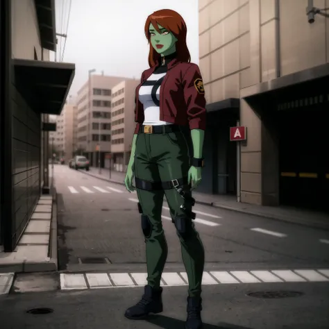 (original: 1.2), (far shot), (realistic: 1.3), masterpiece, best quality, beautiful clean face, fullbody, 1girl, young woman, Miss Martian posing for a picture, (green skin:1.2), brown techwear jacket, black turtleneck, camo pants \(buckle and tape\), on the street
<lora:techwear jacket, with buckle and tape, tactical vest:0.4>,<lora:MissMartian_YJ:0.7>