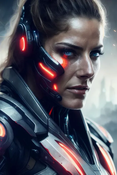 portrait photo of bliss123, ((best quality)), ((masterpiece)), (detailed), Midjourney Style, close-up, woman, robot, red eyes, concept art, inspired by Marek Okon, digital art, Crysis Nanosuit, futuristic, (glowing elements:1.1), 4:3 aspect ratio, dynamic duo,<lyco:BlissV1.0:1.0>