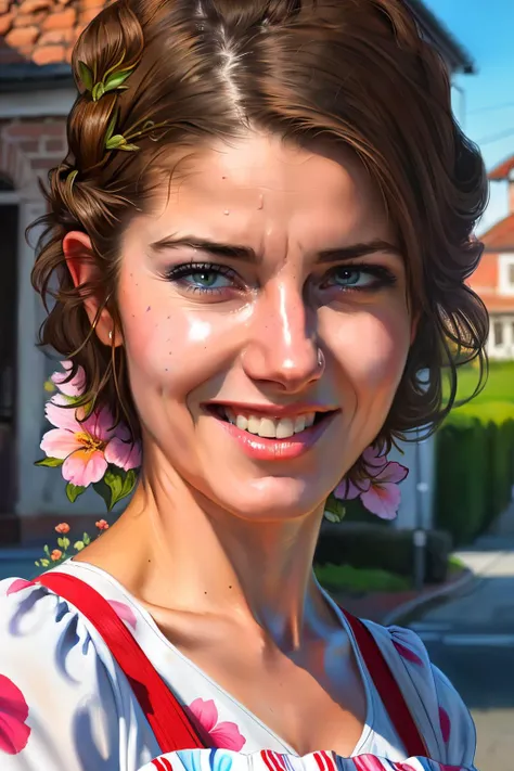 portrait of bliss123 with a happy look on the face, (upper body), house wife style, (floral print milkmaid dress:1.3), in front of city street, (city street), detailed skin texture, (blush:0.5), (goosebumps:0.5), subsurface scattering, ultra hd, 4k, high def, realistic, Photorealistic, Hyperrealistic, Hyperdetailed, analog style, detailed skin, matte skin, soft lighting, subsurface scattering, realistic, heavy shadow, masterpiece, best quality, ultra realistic, 8k, golden ratio, Intricate, High Detail, film photography, soft focus, <lyco:BlissV1.0:1.0>