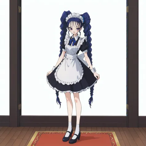 <lora:PrincessTIGHTNAVENXLpony001>,
solo,
PrincessTIGHTNAVEN,1girl,blue hair,twintails,twin braids,purple eyes,
full body,maid,