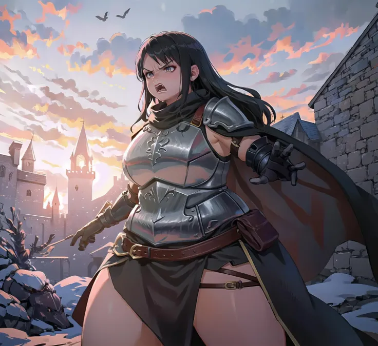 (high_aesthetic:1.2), 
plump, thick thighs, wide hips, armored skirt, shoulder armor, gloves, breastplate, belt, 
fighting stance, angry, v-shaped eyebrows, outdoors, castle, 
1girl, solo, standing, (cowboy shot, upper body:1.2),