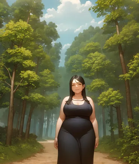 (high_aesthetic:1.2), art by betterwithsalt, art by ekusupanshon, beach, (Briton Rivière art style), 
plump, masterpiece, impressionism, 1girl, solo, mature female, dress, cloud, sky, forest, (upper body), looking at viewer, smile, arms behind back