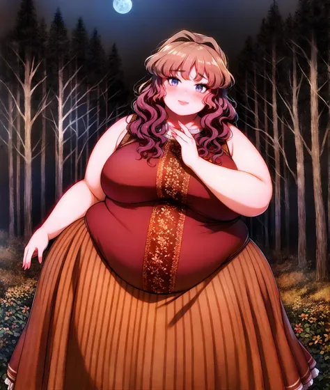 masterpiece, volumetric lighting, (art by Akina:0.6), (art by ryokuchamichi:0.5), (Gaston Bussière art style:1.2), 
solo, 1girl, 
fat, clothed midsection, dress,  sleeveless, night, moon, forest, cowboy shot, wide hips, looking to the side