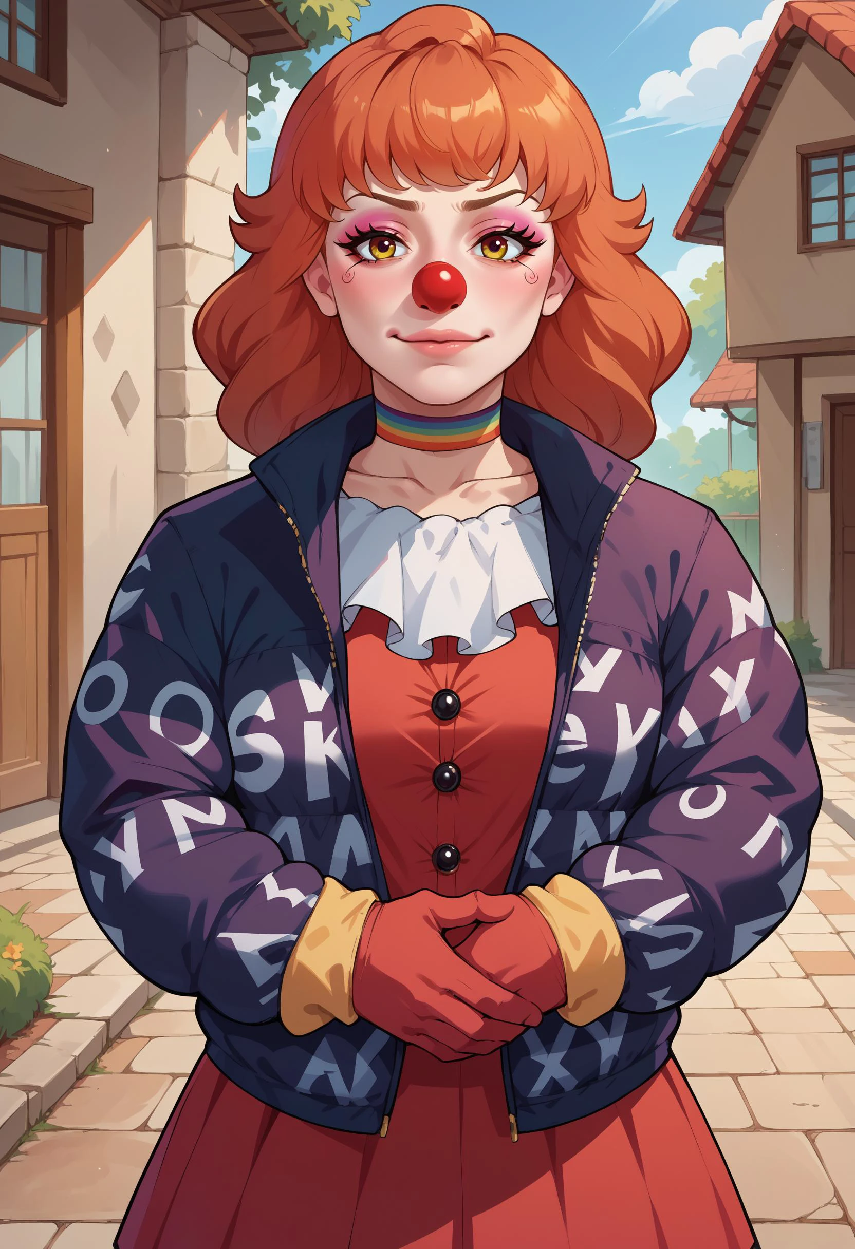 score_9, score_8_up, score_7_up, score_6_up,score_5_up,score_4_up, BREAK black dripjacket, own hands together,edgClussy,red clown nose,clown face <lora:attire_dripjacket_ponyXL:1> <lora:edgClussyPonyv1:0.8>