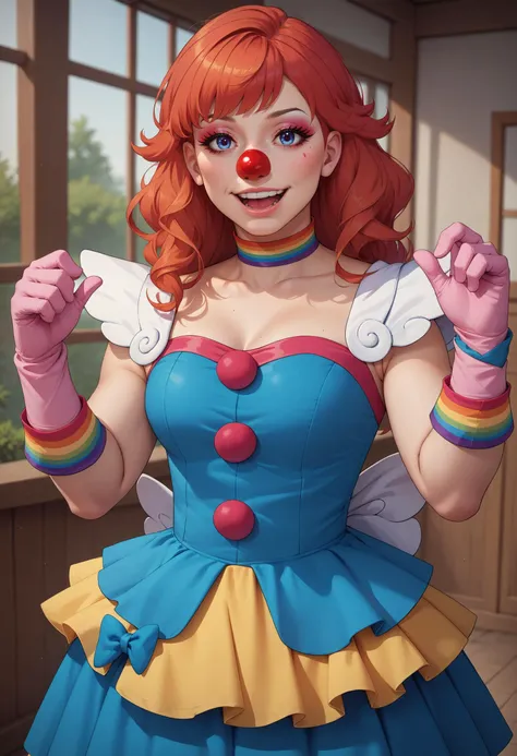 score_9, score_8_up, score_7_up, score_6_up, BREAK source_anime, happy,edgClussy,red clown nose, a woman dressed in a costume with a clown face ,wearing edgClussy<lora:edgClussyPonyv1:0.6>