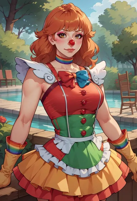 absurdres,high quality,score_9, score_8_up, score_7_up, score_6_up, score_5_up, score_4_up, BREAK source_anime, <lora:edgClussyPonyv1:1> wearing edgClussy, red clown nose  swimsuit aside