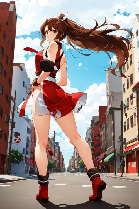 1girl,Brown hair, full body,(city:1.2),maiShiranui_face,<lora:maiShiranui_v1:0.5>