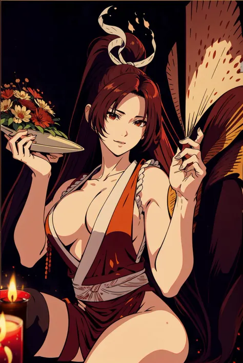 absurdres, (((masterpiece))), <lora:epiNoiseoffset_v2:0.6>, epic composition, portrait, a beautiful woman sits on a velvet couch in a dimly lit room, surrounded by flickering candles. Her long, flowing hair cascades down her back in soft waves, A vase of freshly cut flowers sits on the coffee table in front of her, filling the air with a sweet fragrance, maiShiranui_cloth,<lora:maiShiranui030417-000010:1>