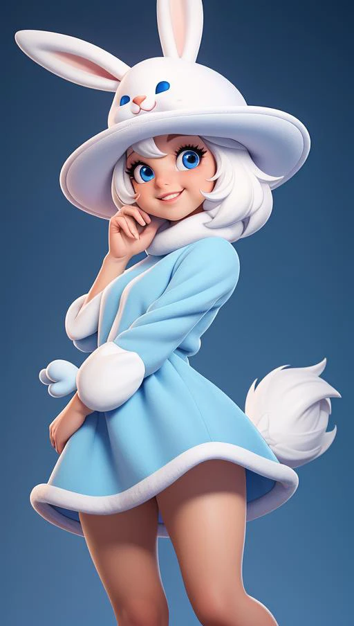 super cute pixar - style white rabbit , shiny white fluffy and fluffy , bright big eyes , fluffy tail , wearing a klein blue sweater dress , klein blue hat , smile , exquisite and exquisite , fairy tale , incredible high details , pixar style , bright color , natural light , solid color simple background , 5 and ctane rendering , popular on artstation , gorgeous , ultra - wide angle , 8K , hd realistic , 8K hd realistic