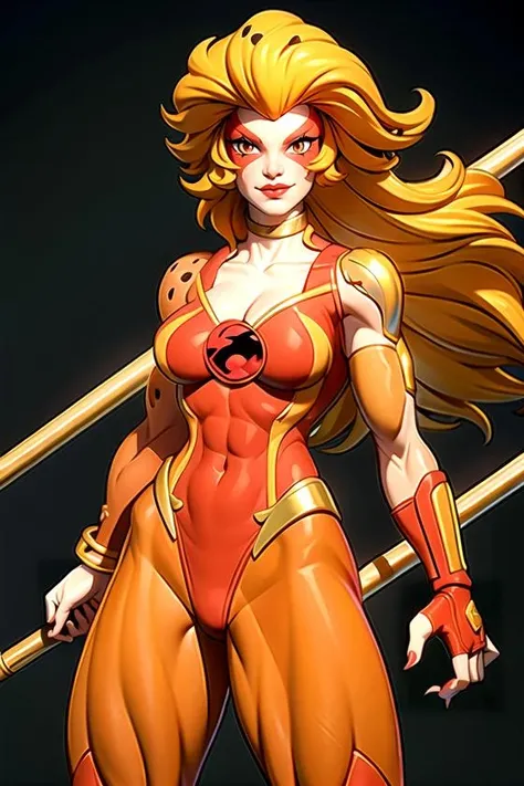 masterpiece, best quality, (upper body:0.5), solo, <lora:CARTOON_cheetara_aiwaifu-10:0.8>, cheetara_armor_aiwaifu, aiwaifu,choker,staff,blonde hair,makeup,lipstick,long hair,leotard,jewelry,bracelet,brown eyes,bodysuit,facial mark,large breasts,cleavage,facepaint,colored skin,eyeshadow,lips,red lips,collarbone,orange hair,orange leotard,knee boots,tank top,yellow skin,claws,colored sclera,covered navel,muscular,abs,armor, realistic, photo-realistic,specular details,ultra-detailed, highly detailed, well defined objects, 8k uhd, dslr, soft lighting, high quality, Fujifilm XT3, (high detailed skin:0.3), (absurdres, highres, incredibly_absurdres:0.2),scenery,masterpiece,