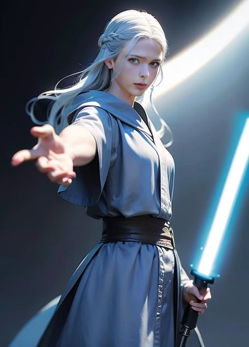 (8k, RAW photo, best quality, masterpiece:1.2), (realistic, photo-realistic:1.37), milf, venat, grey robe, full y clothed, (blue eyes), (solo), light smile, detailed face, slender, big breast, dramatic angle, small head, looking away, full body, dark area, top lit, lightsaber, holding lightsaber upright, blue lightsaber, fighting stance, <lora:venatFFXIVFF14_greyRobe:1>, <lora:japaneseDollLikeness_v10:0.3>