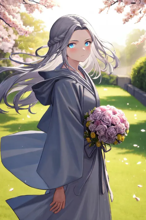 masterpiece, best quality, highres, 1girl, venat, grey robe <lora:venat:1> looking at viewer, standing, wind blowing, petals, holding flower, bouquet, glowing, outdoors